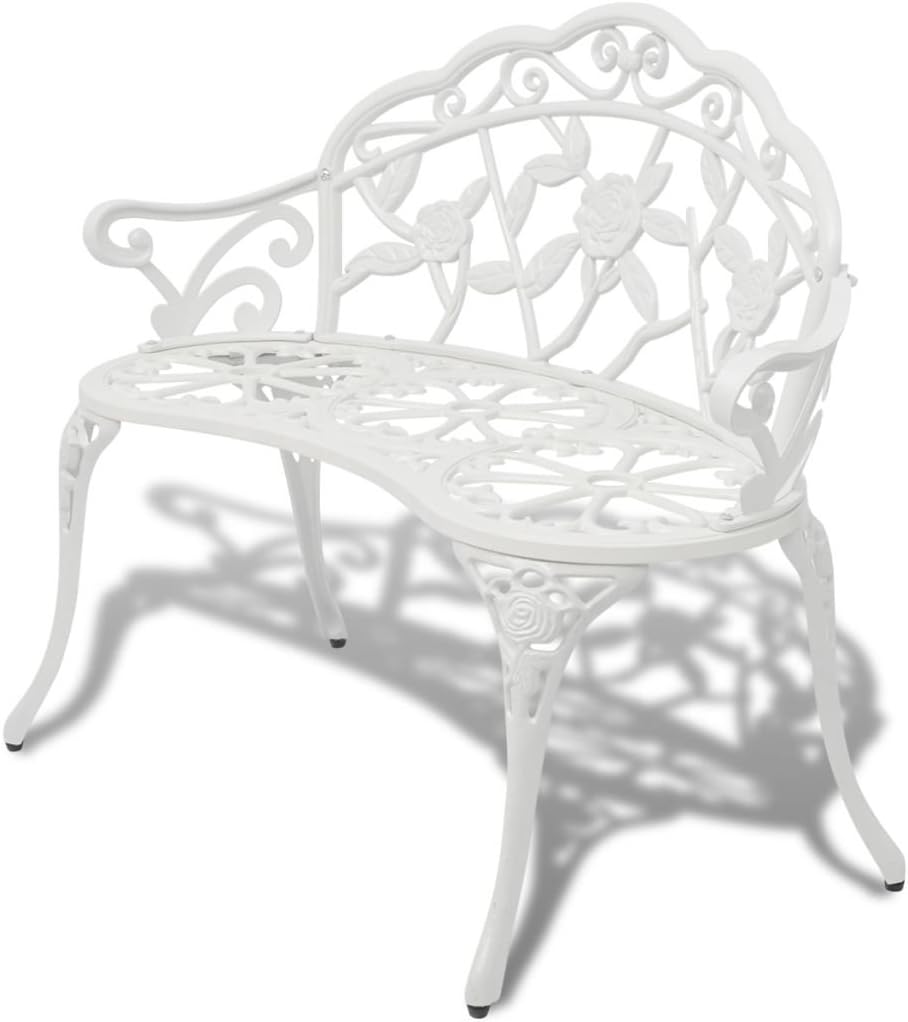 Tidyard 2-Seater Garden Bench with Floral Pattern for 2 People in Roll-Work Style Cast Aluminium White 100 x 54 x 80 cm - QUORE