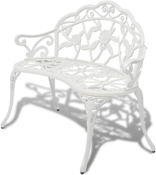 Tidyard 2-Seater Garden Bench with Floral Pattern for 2 People in Roll-Work Style Cast Aluminium White 100 x 54 x 80 cm - QUORE