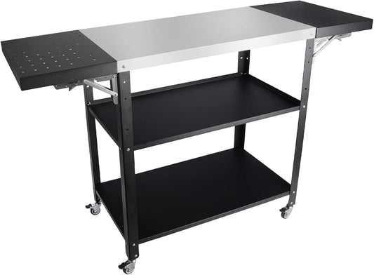Outdoor grilltafel met roestvrijstalen werkblad, 3-laags grillwagen met wielen, 2 stuks 30 cm opvouwbare bijzettafel, ronde gaten voor het ophangen van keukengerei, tuingereedschapkarren