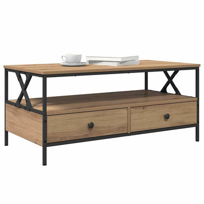 Salontafel – Koffietafel – Woonkamertafel – Bijzettafel – Tafel – Rechthoekig Design – Eikenhout & Zwart Metaal – 100x51x45 cm – Met Onderplaat