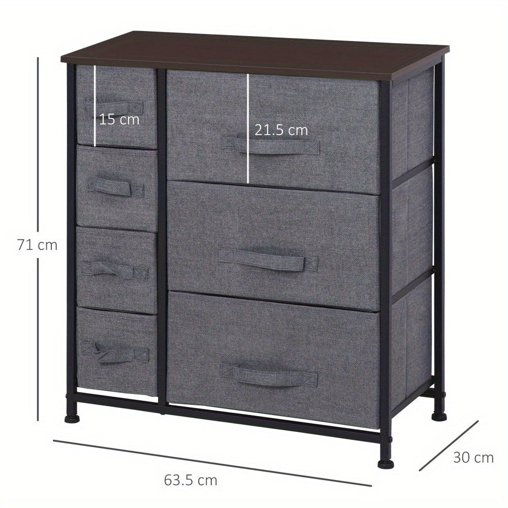 Opbergkast – Opbergmeubel – Opbergkastje – Ladekast – Opbergrek – Modern Grijs – 7 Inklapbare Lades – Metaal en Stof – Compact 63,5x30x71 cm – Ruimtebesparend