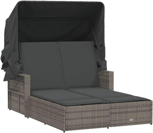 Gecheer Dubbel ligbed met luifel en grijze kussens van polyrotan, professionele zonneligstoel, zonneligstoel voor buiten, tuinligstoel, ligstoel, P365809 - QUORE