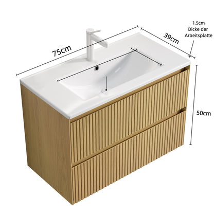 Badkamermeubel – Wastafelmeubel – Badkamerkast – Wastafel – Keramische Wastafel – 75 cm – Hangend Design – Soft-Close Lades – Eikenhout – Compact & Ruimtelijk
