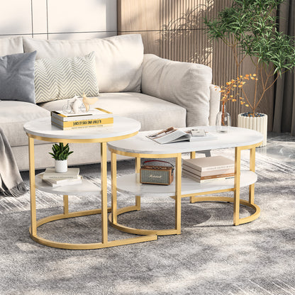 Salontafel – Koffietafel – Bijzettafel – Woonkamertafel – Tafel – Set van 2 – Ronde en Ovalen Vorm – Met Metaal Frame en Opbergruimte – Afmetingen 80x46x41 cm & 52x52x51 cm