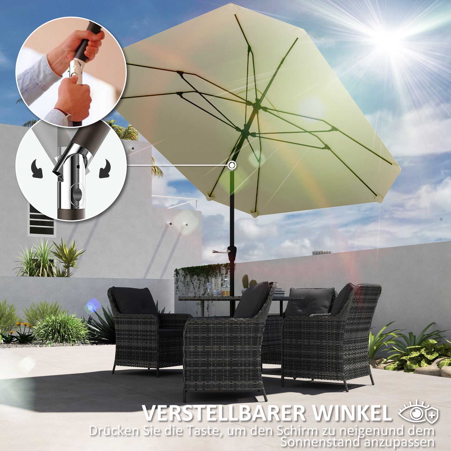 Parasol – Terrasparasol – Zonnescherm – Schaduwdoek – Tuinparasol – Beige – 2,3 Meter Diameter – Verstelbaar Met Zwengelmechaniek