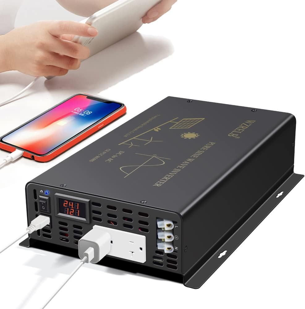 3000Watt Pure Sine Wave Power Inverter 24VDC to 120VAC 6000W Peak Built-in Soft Starter Dual AC Outlets 2× 2.4A USB Port &Hardwire Terminal Off-Grid Solar Converter RV Trucks (U5-300024)