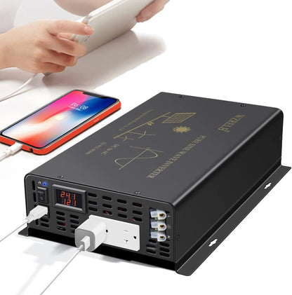 3000Watt Pure Sine Wave Power Inverter 24VDC to 120VAC 6000W Peak Built-in Soft Starter Dual AC Outlets 2× 2.4A USB Port &Hardwire Terminal Off-Grid Solar Converter RV Trucks (U5-300024)