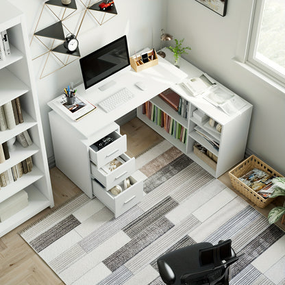 Hoekbureau – Bureau – Computertafel – L-Vormig Bureau – Schrijftafel – Wit Gelakt Hout – 3 Laden Opbergruimte – Compact Ruimtebesparend Design