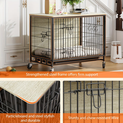 Hondenbench – Hondenkooi – Hondenhuisje – Bench Hond – Hondenhok – Hout – Dubbele Deuren – Met Wieltjes – Grijs – 70x50 cm – Voor Kleine en Middelgrote Honden