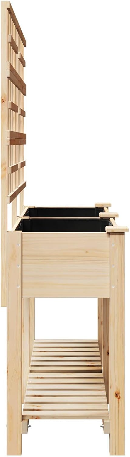 Garden Pot with Planks and Shelf Made of Solid Pine Wood, 161 x 43 x 152 cm, Rectangular Planter, Large for Indoor and Outdoor Use, Beige, Modern Design - QUORE