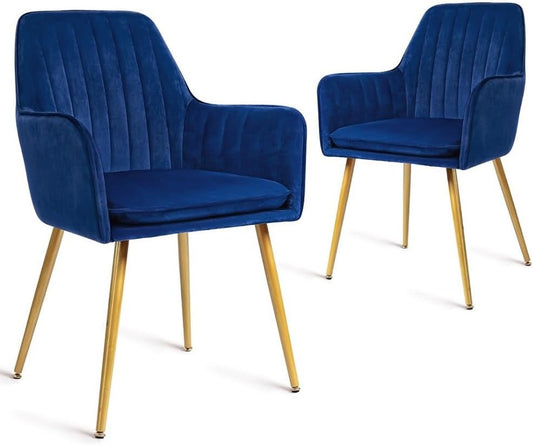 CangLong Set van 2 eetkamerstoel stijlvolle fluwelen accent fauteuil voor woonkamer eetkamer, fluweel gestoffeerde keukenstoelen met gouden metalen poten, marineblauw