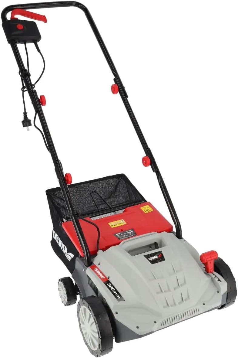 DEDRA verticuteer/gazonventilator, elektrische aandrijving, sterk 1500 W, 3000 omw/min, 32 cm werkbreedte, laag geluidsniveau, opvangzak van 30 liter, met diepteverstelling