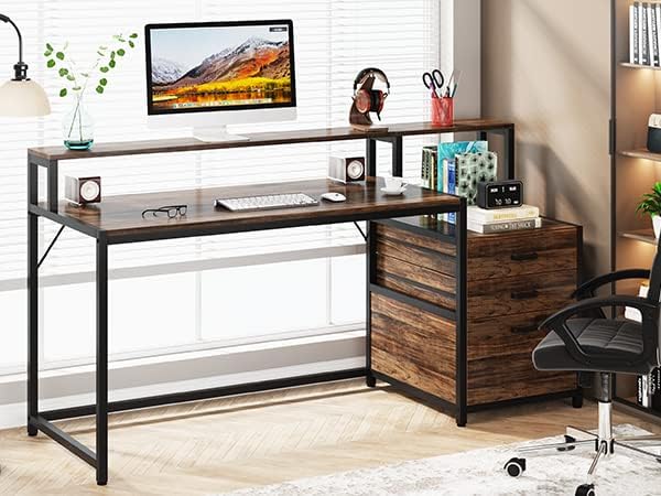 Tribesigns Desk with drawers, ergonomic computer table, 160 x 50 x 90 cm, monitor stand and printer space