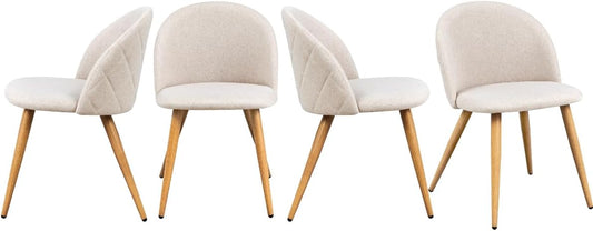 FurnitureR Set van 4 moderne eetkamerstoelen in schelpvorm, zachte beige stof met metalen poten, elegante keukenstoelen