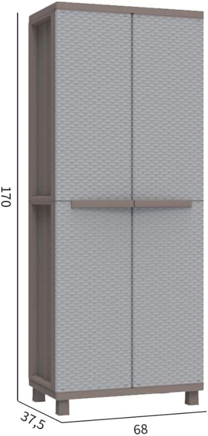 Terry, Jrattan 368 Upholstery Cabinet with Two Doors in Rattan Look, Inner Shelf with 4 Shelves, for Indoor and Outdoor Use, Pigeon Grey - 68 x 37.5 x 170 cm - QUORE