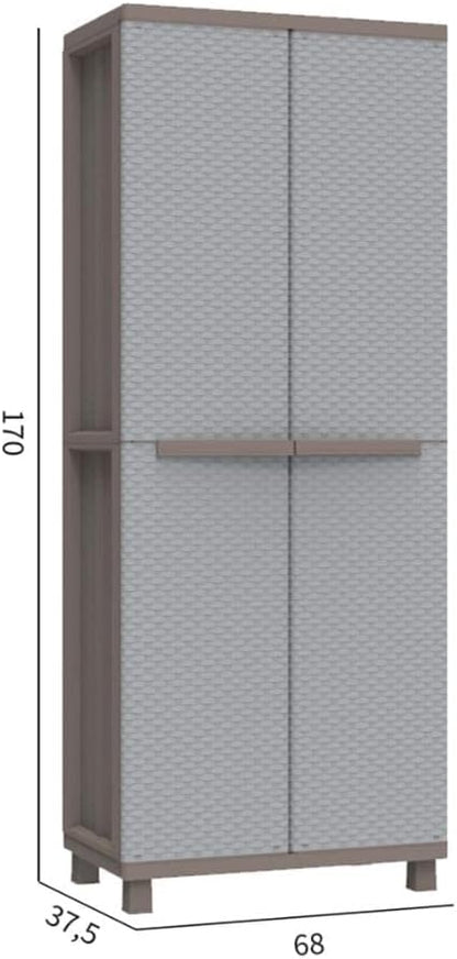 Terry, Jrattan 368 Upholstery Cabinet with Two Doors in Rattan Look, Inner Shelf with 4 Shelves, for Indoor and Outdoor Use, Pigeon Grey - 68 x 37.5 x 170 cm - QUORE