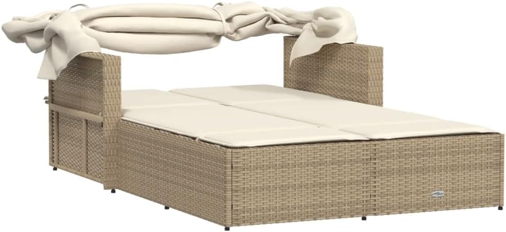Outdoor Lounger with Retractable Roof and Padded Cushions, Adjustable Backrest in 2 Positions, Durable and Washable PE Rattan Material, for Garden or Patio - QUORE