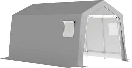 Outsunny Gereedschapsschuur met zadeldak, waterdicht, gereedschapstent met deuren, ramen, anti-stof fietshoes, foliestuère, fietsgarage voor terras, tuin, 300 x 447 x 255 cm, lichtgrijs - QUORE