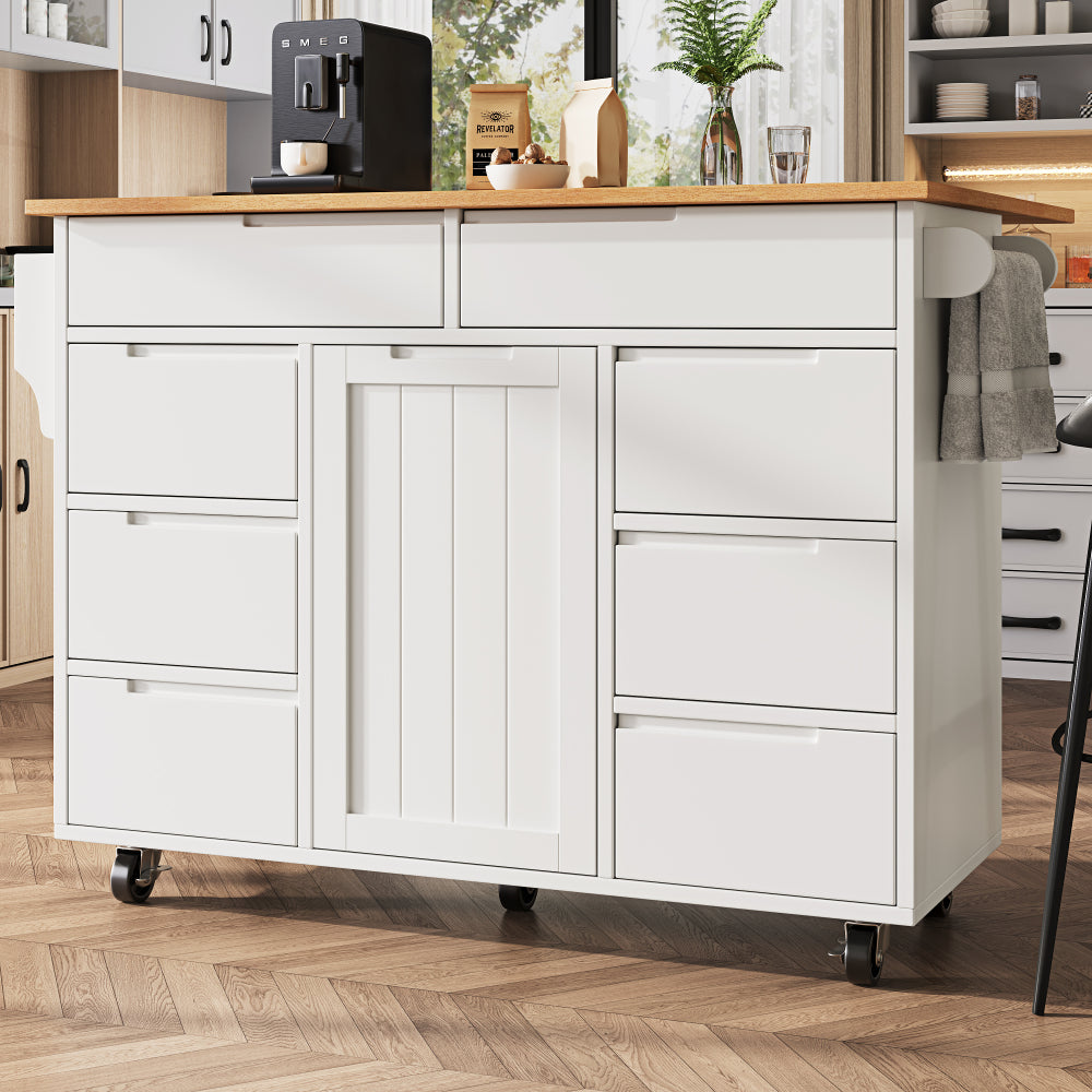Modern White Mobile Kitchen Island with Worktop & 8-Drawer Storage Cart Castors - Heavy-Duty Serving Trolley with Spice Rack, Assembly, Space-Saving Cabinet for Small Kitchens, Dining & Living Room Furniture (Non-Wood)