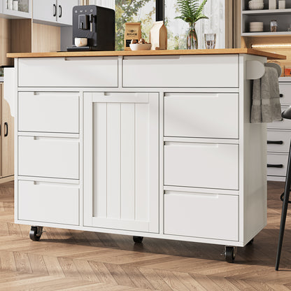 Modern White Mobile Kitchen Island with Worktop & 8-Drawer Storage Cart Castors - Heavy-Duty Serving Trolley with Spice Rack, Assembly, Space-Saving Cabinet for Small Kitchens, Dining & Living Room Furniture (Non-Wood)
