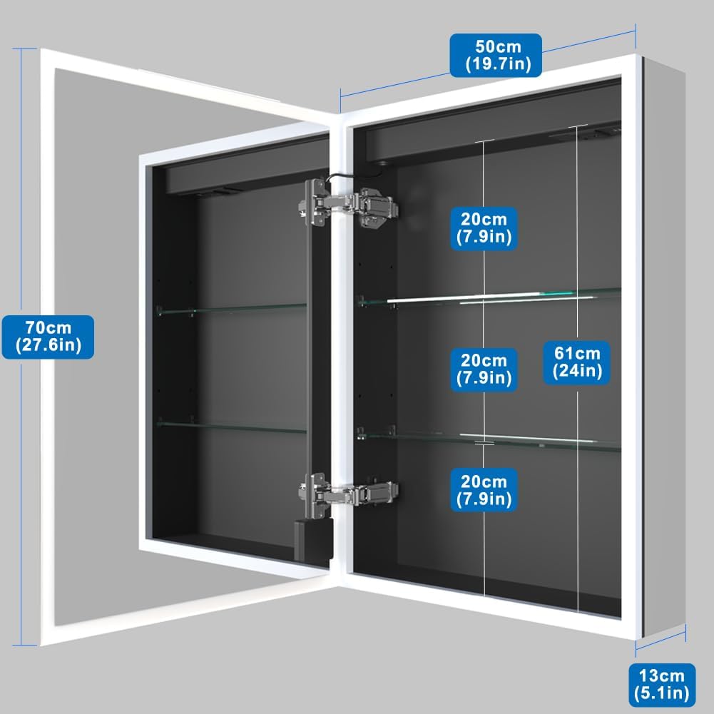 KWW LED Illuminated Bathroom Medicine Cabinet with Sockets and USBs, Dimmable, 3 Colors Light Makeup Mirror, Easy to Install, Wall Mounted Cabinet (Left Hinge - 20x28) - QUORE