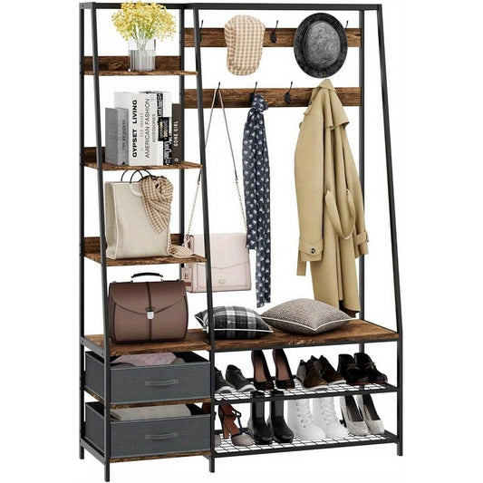 Kapstok – Staande Kapstok – Garderoberek – Kapstok Met Bank – Kapstok Met Haken – 9 Dubbele Haken – 6 Niveaus – Met Lade Opbergruimte – Schoenenrek – Industrieel Design – 122x40x180 cm – Metaal En Hout