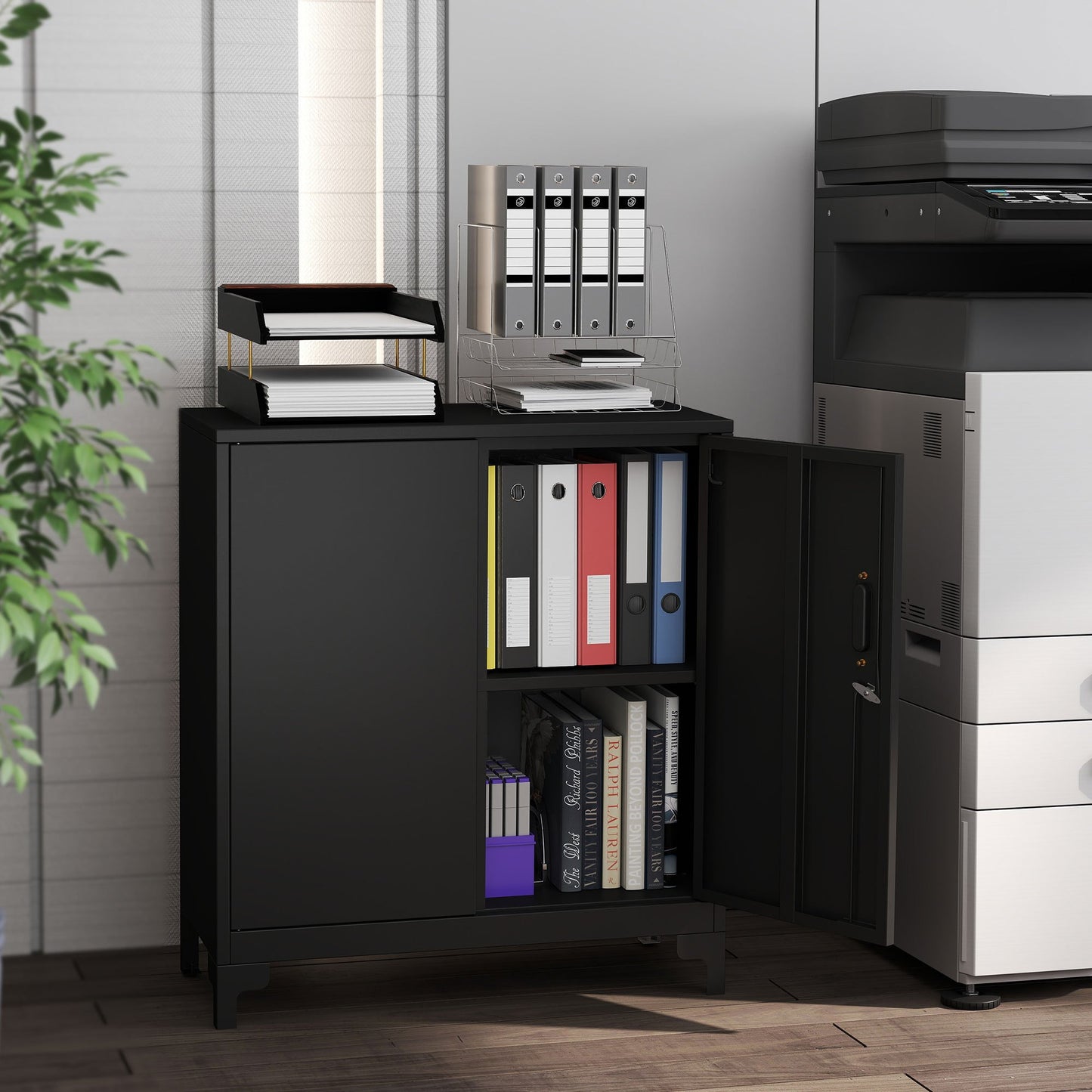 Metalen Kantoorkast – Opbergkast – Archiefkast – Lockerkast – Gereedschapskast – Zwart – 2-laags Design – Inclusief Slot en Sleutels