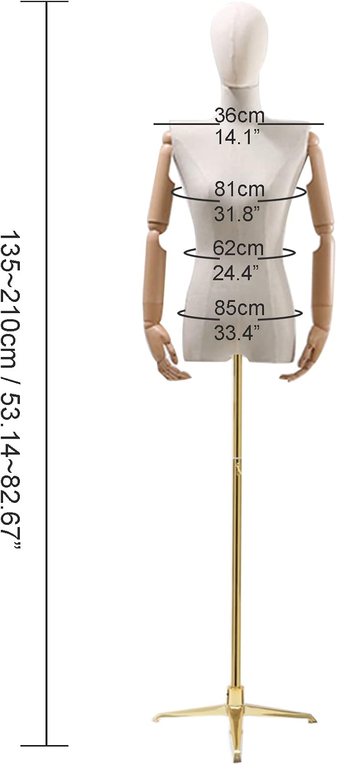 Vrouwelijke mannequin torso – Paspop – Etalagepop – Kleermakersbuste – Displaypop – Verstelbare hoogte 132-200 cm – Stevige metalen voet en linnen bekleding
