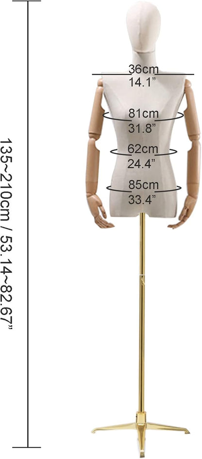 Vrouwelijke mannequin torso – Paspop – Etalagepop – Kleermakersbuste – Displaypop – Verstelbare hoogte 132-200 cm – Stevige metalen voet en linnen bekleding