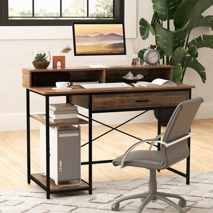 Computertafel – Bureau – PC Tafel – Werktafel – Kantoortafel – Rustiek Bruin – Met Monitorstandaard – ruime Lade en Opbergruimte – Stabiel Metalen Frame – 120x56x90,5 cm