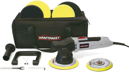 Dino KRAFTPAKET 640296 Excentrische polijstmachine, 9 mm - 650 W, traploos in een set, 150 mm, steunschijf, 125 mm, 160 mm, polijstspons, polijstschijf, tas voor auto, boot, grijs
