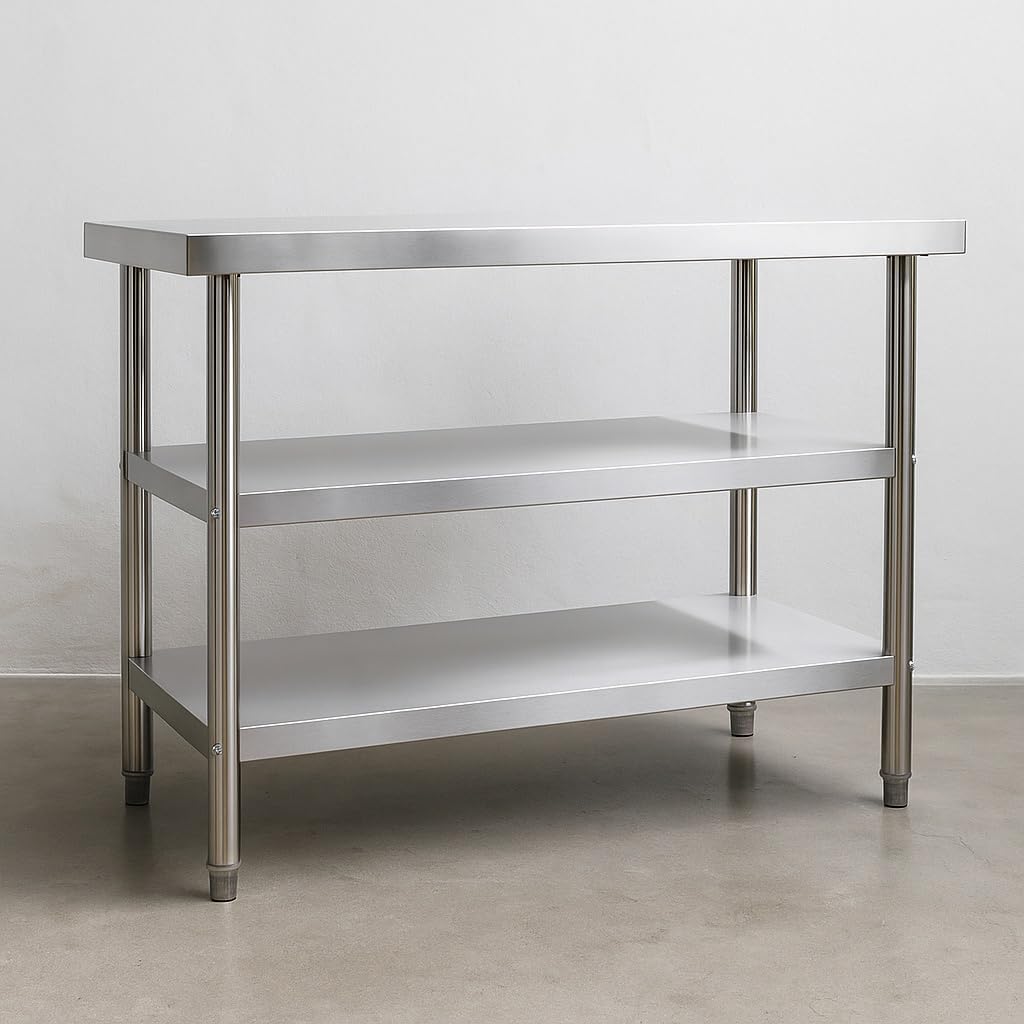 Wiltec roestvrijstalen werktafel 120x60x85 cm, horeca keukentafel 120 kg met 2 planken, gastronomie keukenwerktafel met opslagplanken, rvs restaurant bereidingstafel tafelblad