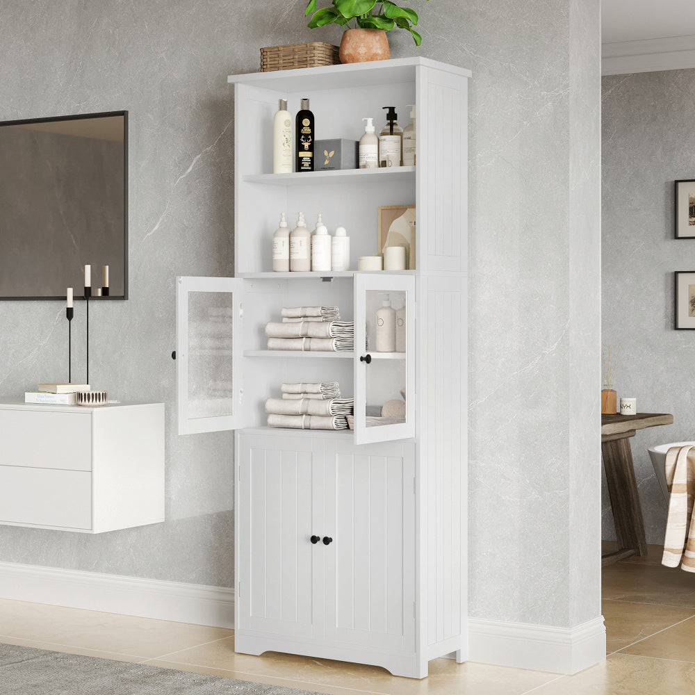 Hoge Kast Badkamer – Opbergkast – Bergkast – Badmeubel – Opberger – Minimalistisch Design – 57,4 x 28,5 x 160 cm – Verstelbare Verdelers – Ruimtebesparend Wit