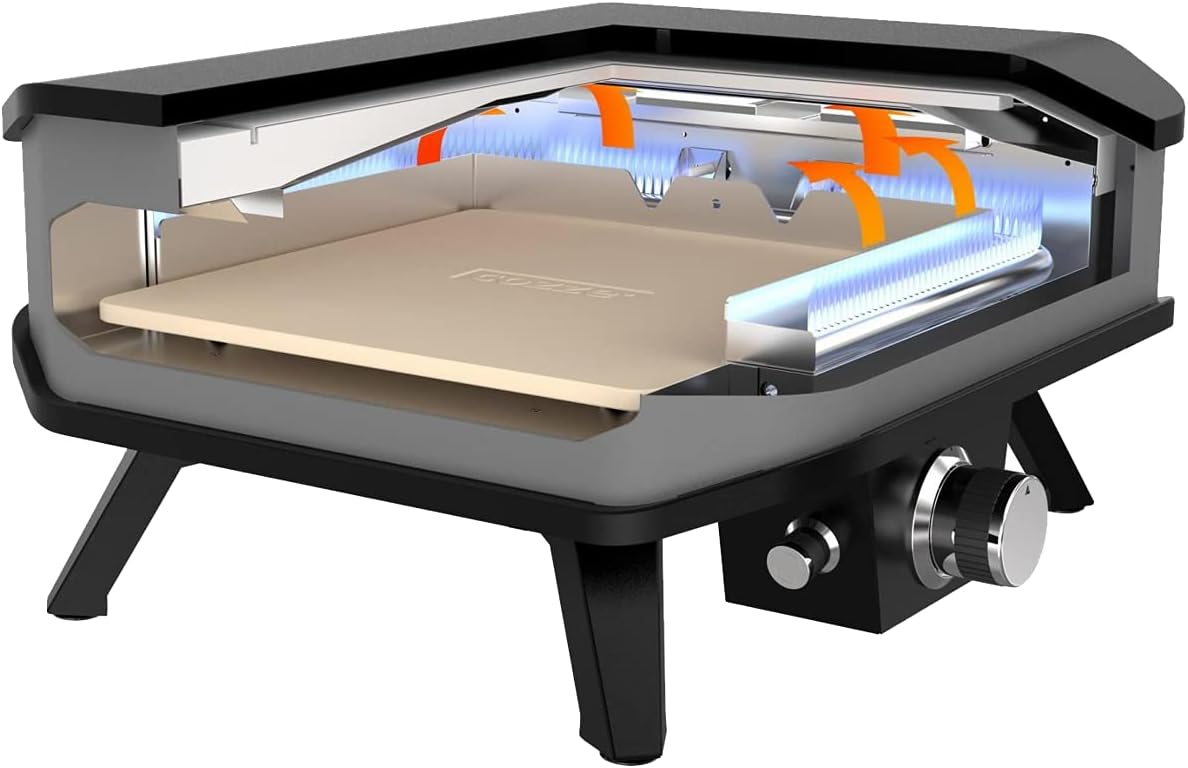 Cozze® 90349 13" Gas Pizza oven met thermometer mobiele pizzasteen gasgrill tot 400 graden regelbaar met 34 x 34 cm pizzasteen draagbaar terras balkon zwart
