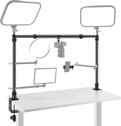 NEEWER NK002 Rig camerahouder met 2 kogelkopjes, Super Clamp/telefoonhouder, tafelhouder, multi-apparaathouder, platform, overhead-statief, instelbare hoogte, maximale belasting 12 kg