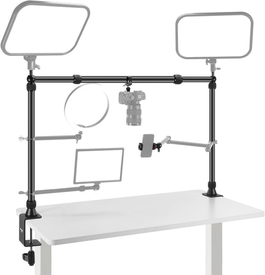 NEEWER NK002 Rig camerahouder met 2 kogelkopjes, Super Clamp/telefoonhouder, tafelhouder, multi-apparaathouder, platform, overhead-statief, instelbare hoogte, maximale belasting 12 kg
