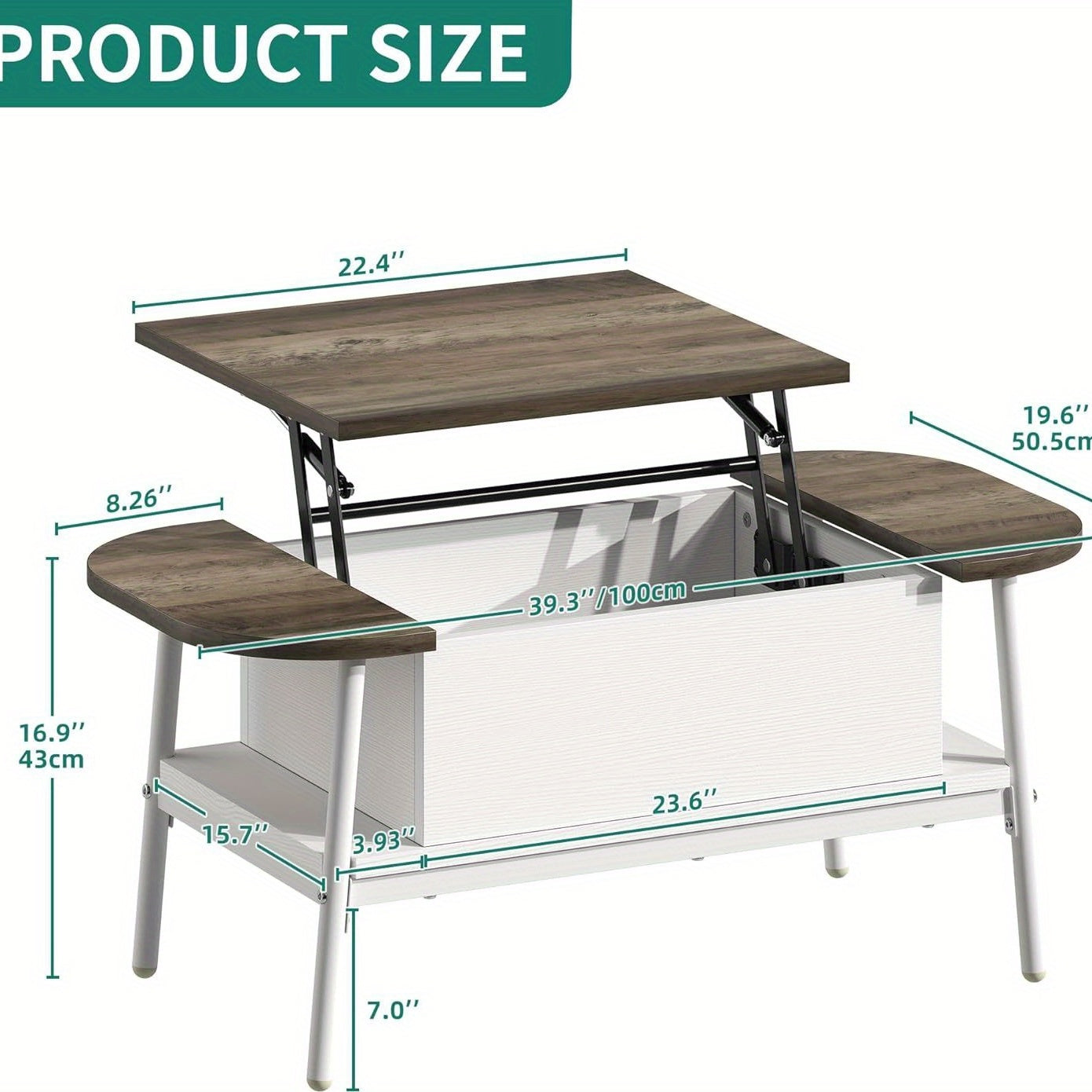 Salontafel – Koffietafel – Woonkamertafel – Verstelbare Tafel – Ovale Tafel – Verstelbare Hoogte – Verborgen Opbergruimte – Wit Hout – 100x50x42 cm