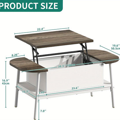 Salontafel – Koffietafel – Woonkamertafel – Verstelbare Tafel – Ovale Tafel – Verstelbare Hoogte – Verborgen Opbergruimte – Wit Hout – 100x50x42 cm