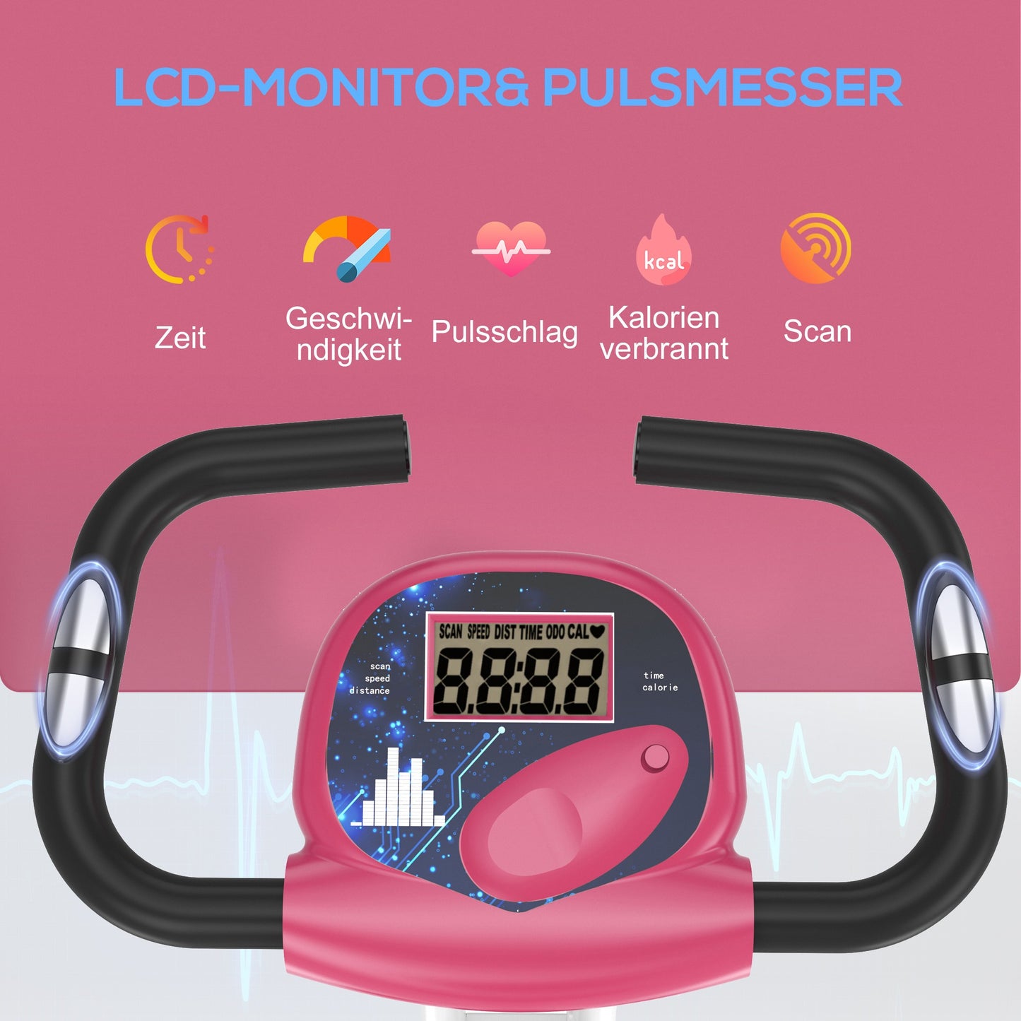 Hometrainer – Fitnessfiets – Ergometer – Trapkracht Trainer – Indoor Bike – 8-traps Magnetische Weerstand – Verstelbaar Zitje en Rugleuning – Roze/Wit – Stalen Frame – Compact Opvouwbaar