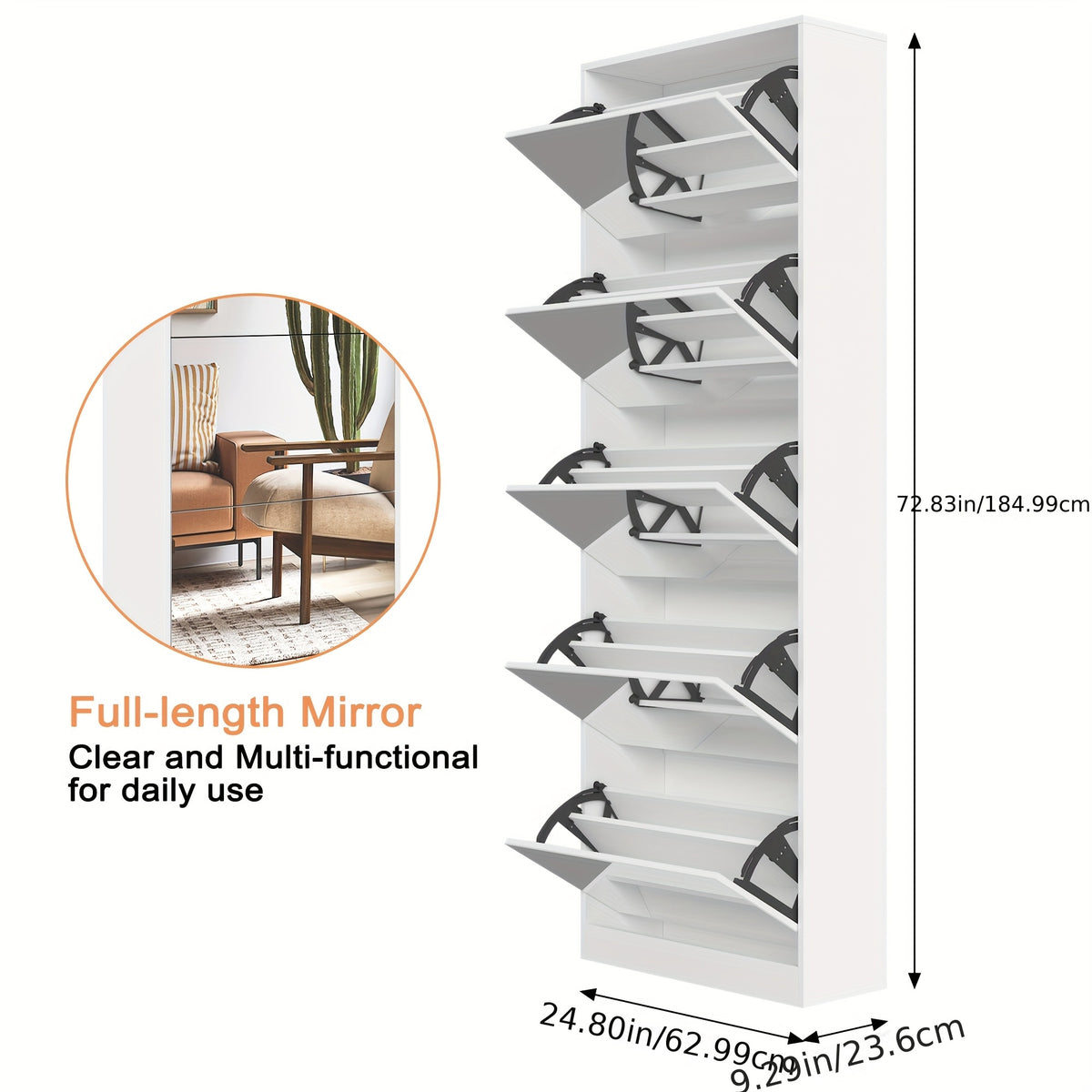 Shoe Storage Unit with a Full-Length Mirror, Featuring a Double Rack And Five Flip Drawers, Designed in White Wood for Organizing Shoes in Entryways, Hallways, And Corridors.
