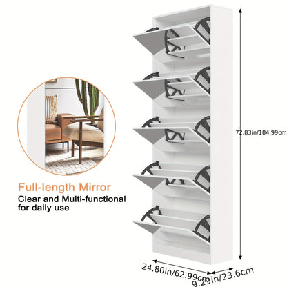 Shoe Storage Unit with a Full-Length Mirror, Featuring a Double Rack And Five Flip Drawers, Designed in White Wood for Organizing Shoes in Entryways, Hallways, And Corridors.