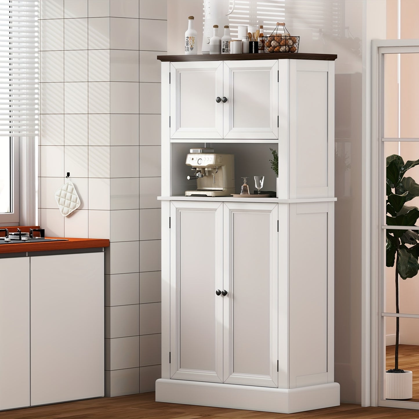 Hoge Bergkast Keukenkast – Opbergkast – Voorraadkast – Keukenkastje – Kast Met Blad – 128 cm Hoog – 4 Deuren Met Werkblad – Wit Met Tigerstripe Design