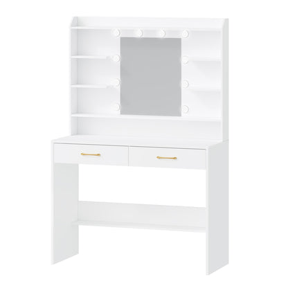 Jewelry Cabinet, Dressing Table with Mirror, Accessory Storage, Vanity Table with Shelves And 2 Drawers, for Bedroom, Living Room, Adjustable Brightness, 40 X 100 X 149cm, White, Jewelry Armoires - QUORE
