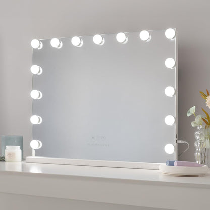 Flamingueo Make-upspiegel met Verlichting - 15 LED - 3 Modi - Instelbare Intensiteit - Touch Control - USB-Poort - Vergrootspiegel Inbegrepen - Vanity Mirror - Wit - 58x12x48cm