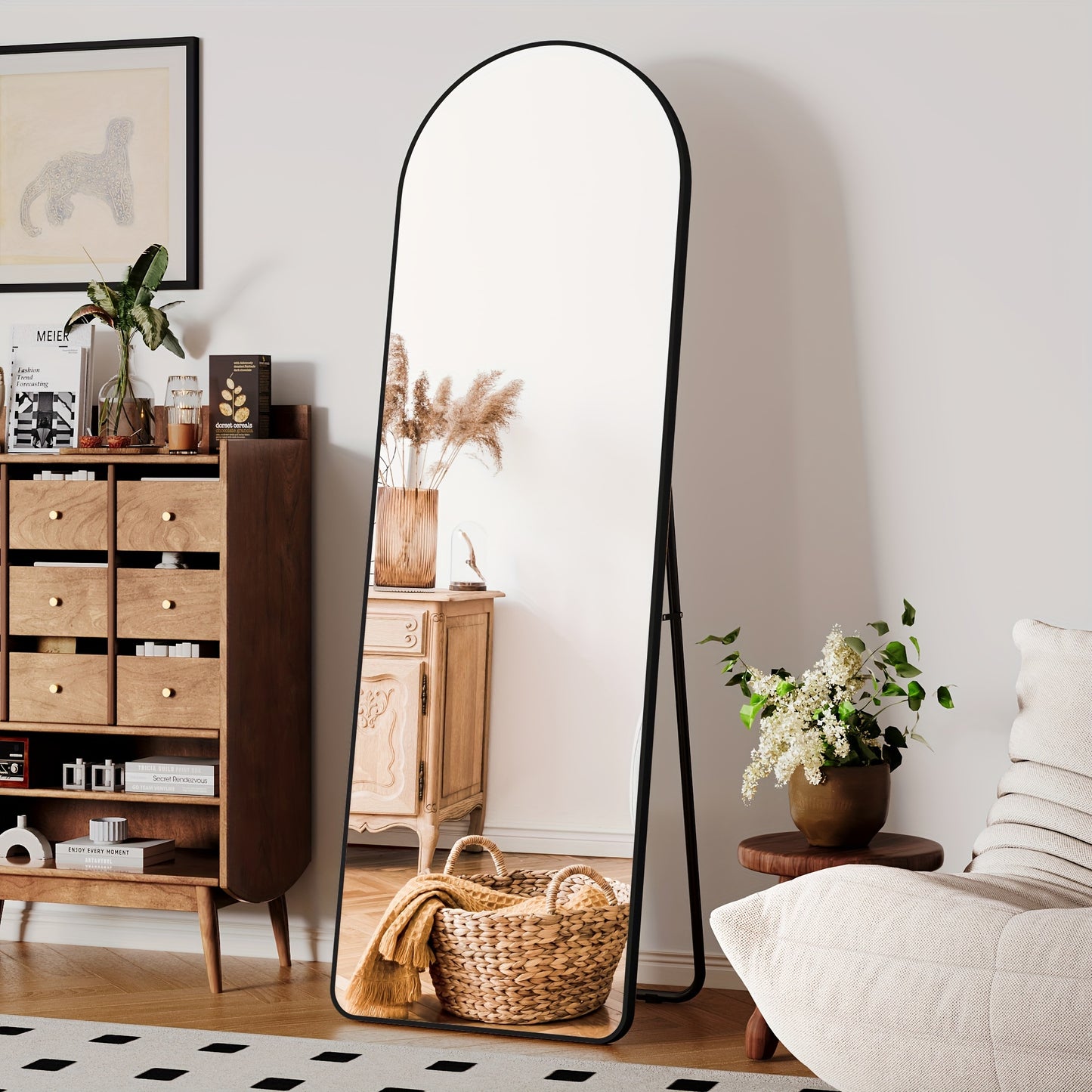 Stylish Elegance| Elegant Full-Length Curved Mirror with Metal Frame - 162.56cm x 53.34cm HD Wall Mirror, Black, with Hooks for Living Room, Bedroom, Dressing Room, Bathroom, Hallway - Classic Style, Vertical Orientation, Mir