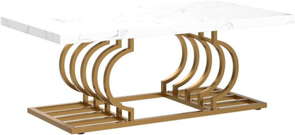 Tribesigns Modern Coffee Table, Living Room Table, Faux Marble, Cocktail Table with Geometric Frame, Rectangular Center Table, Tea Table, Accent Furniture Table, Sofa, Side Table for Home Office, White and