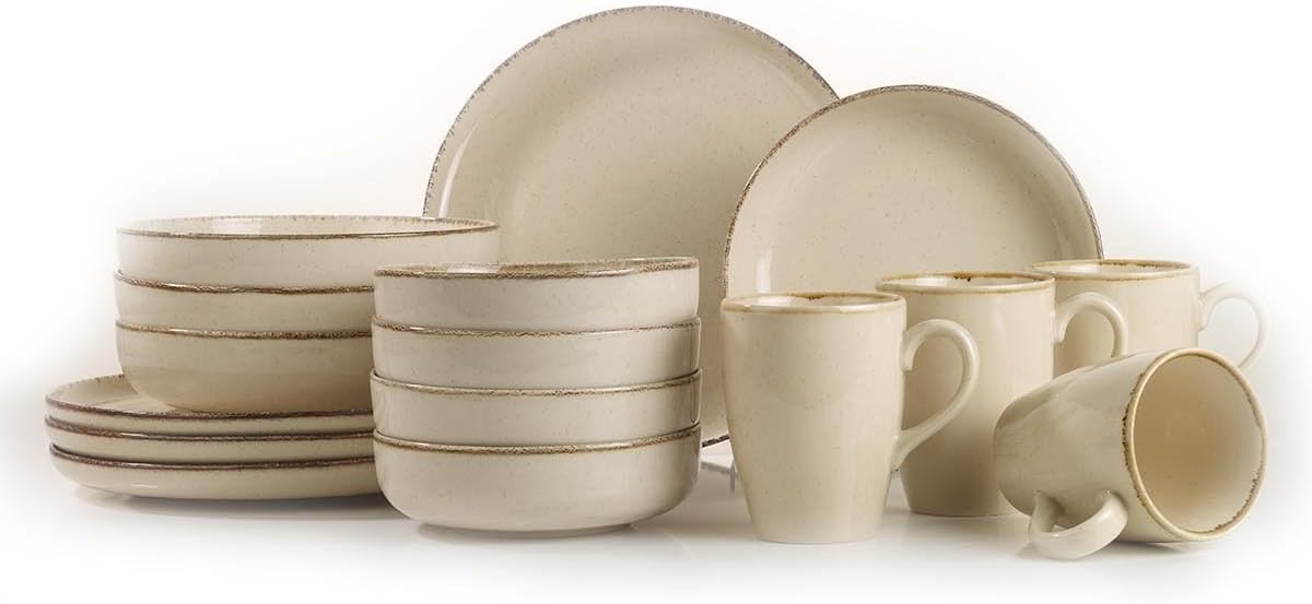 Elegante 16-delige dinerset, 100% porselein, crèmekleur, inclusief 4 borden (24 cm), borden (20 cm), kommen (15 cm), mokken, vaatwasmachinebestendig en magnetronbestendig