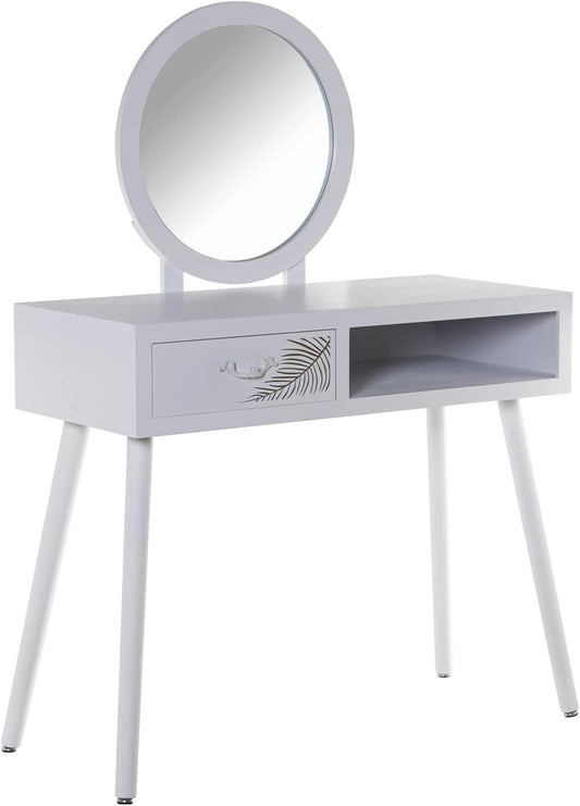 DRW Schminktafel met 1 lade van MDF-hout met reliëfblad en spiegel in wit en goud, 90 x 40 x 80 cm, spiegel 50 cm