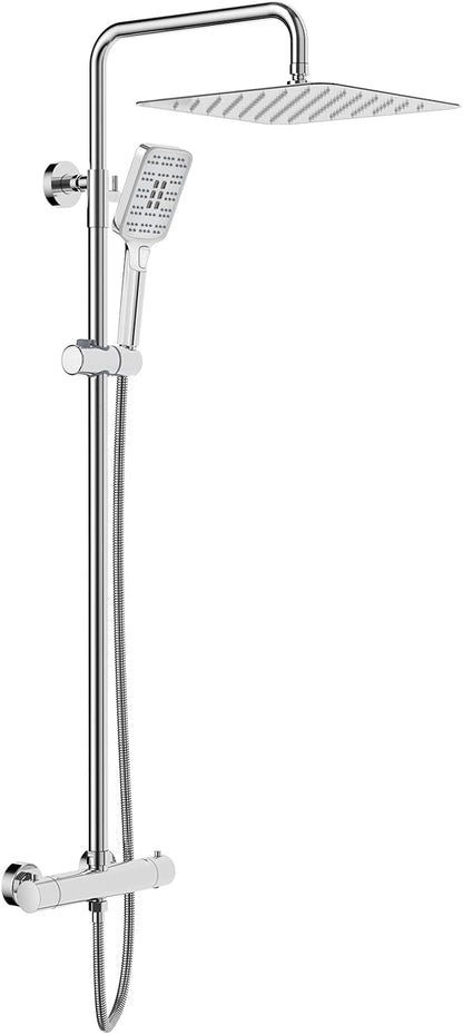 Rainsworth Douchesysteem met thermostaat, chroom, 30 x 30 cm, vierkante regendouche, roestvrij staal, complete set, 3 straalsoorten, douchekop, regendouche met kraan, 92-126 cm douchestangen