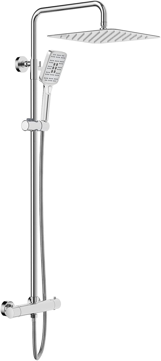 Rainsworth Douchesysteem met thermostaat, chroom, 30 x 30 cm, vierkante regendouche, roestvrij staal, complete set, 3 straalsoorten, douchekop, regendouche met kraan, 92-126 cm douchestangen